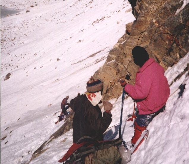 Descending cliffs to Glacier Lake below Tilman's Pass in the Jugal Himal