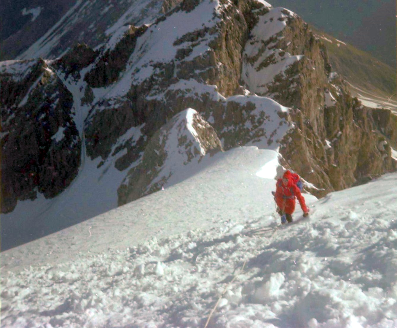 Climbing upper snow slopes above rock tower on ascent of the Ortler ( Cima Ortles )