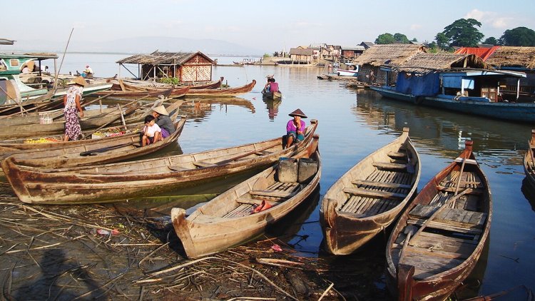 Ferry Boats on Irrawaddy River at Mandalay in northern Myanmar / Burma