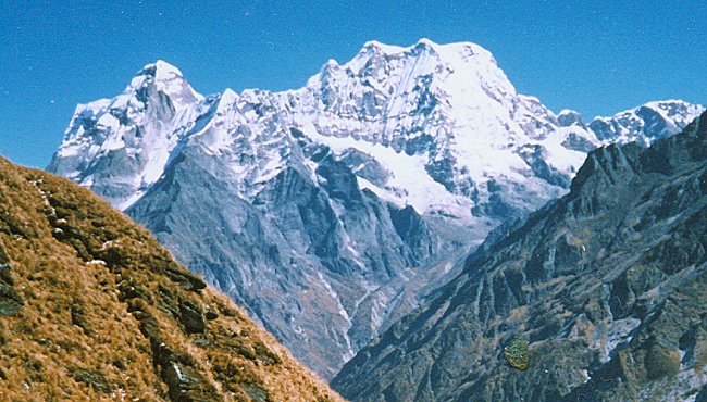 Mera Peak on descent from Zatrwa La into the Hinku Valley in the Nepal Himalaya