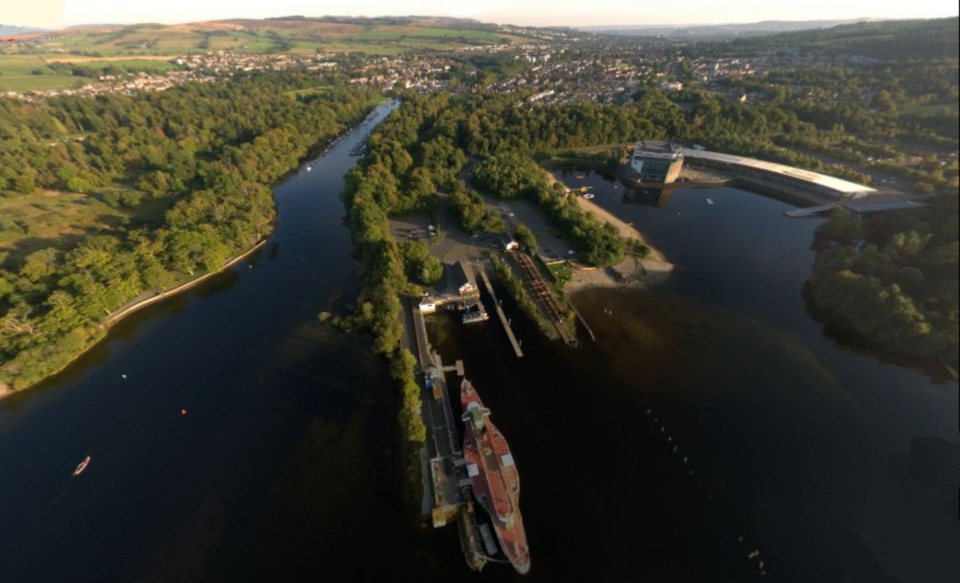 Aerial view of Maid of the Loch at Balloch Pier on Loch Lomond