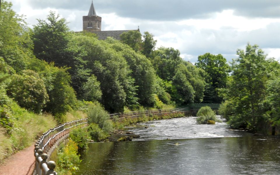 Cathedral from riverside walkway alongside the Allan Water in Dunblane