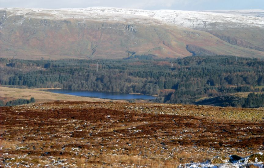 Craigallian Loch beneath the Campsie Fells on ascent of Kilpatrick Hills from Craigton