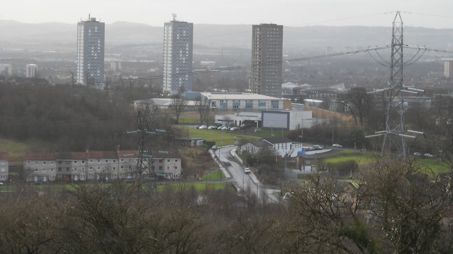 High-rise flats in Drumchapel from Garscadden ( Bluebell ) Woods