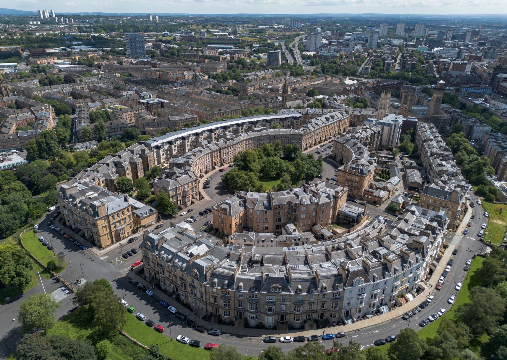 Aerial view of Park Circus in Glasgow, Scotland